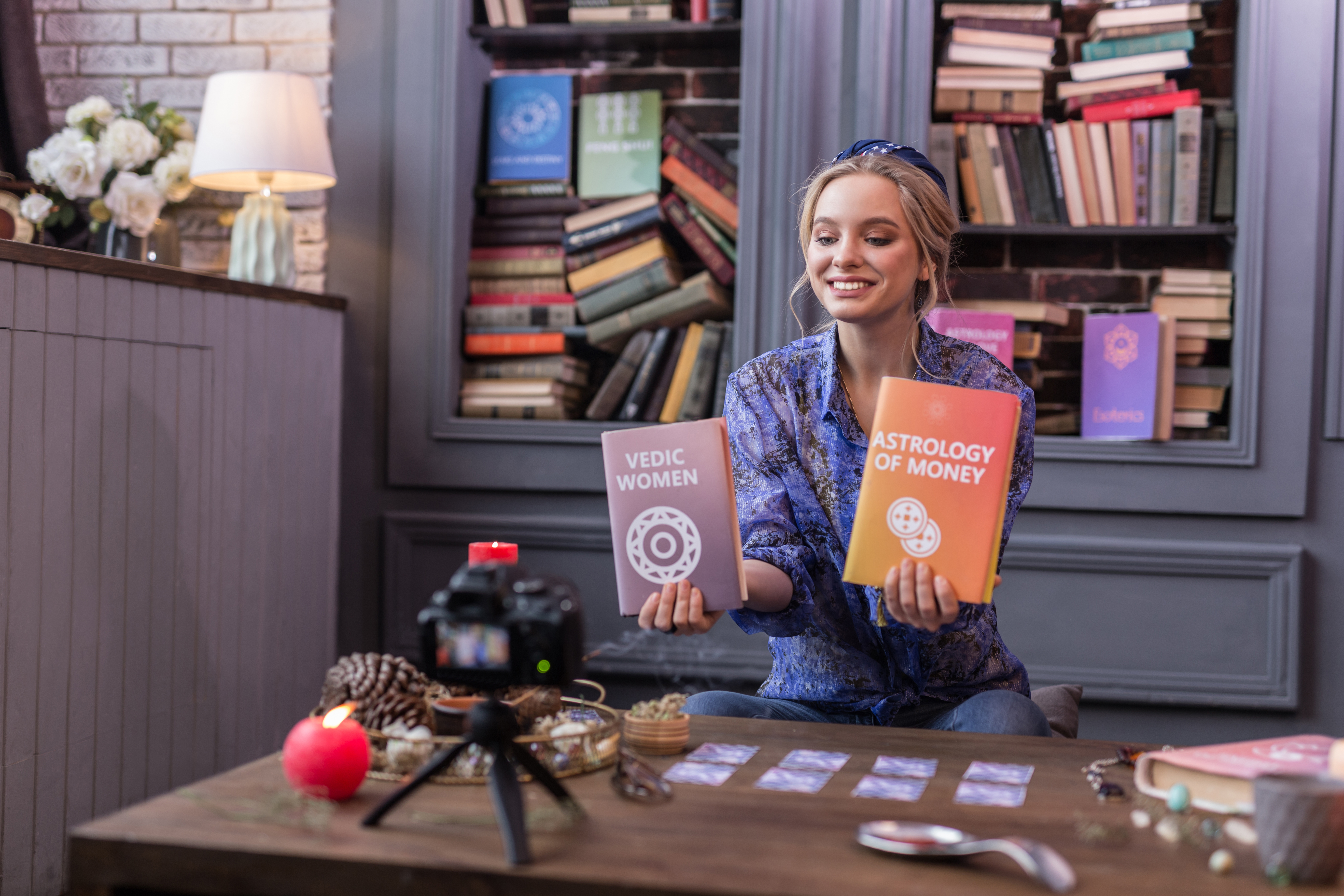 Author browsing colorful bookshelves